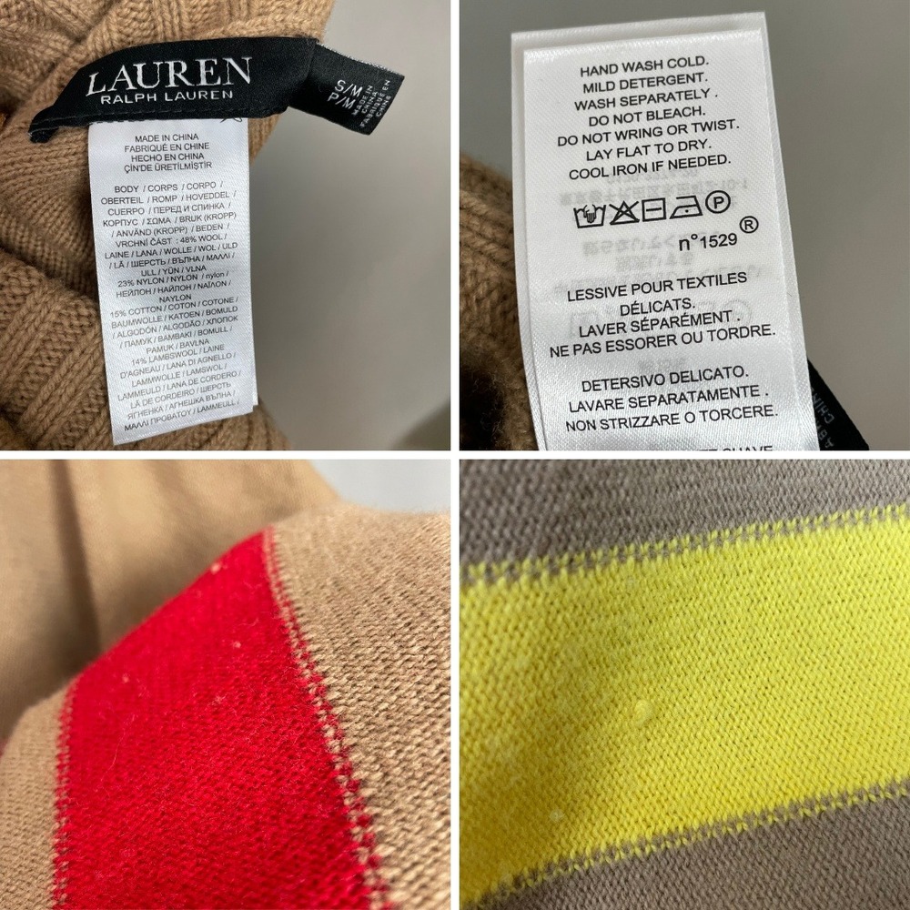 Lauren Ralph Lauren Poncho Women Small Medium Tan Multi Stripe Button Wool Blend - Picture 14 of 16